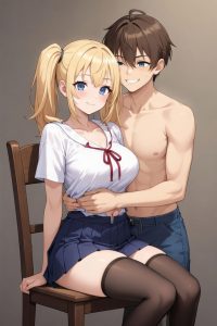 Aika with blonde ponytail in white school shirt and navy skirt sitting on a chair, hugging her shirtless brother from behind, playful smile and intimate embrace in bedroom setting, anime style from Ichigo Aika hentai OVA.