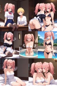 Aika in a short maid outfit with black thigh-highs and apron, bending forward seductively in a bedroom, playful and provocative pose with ponytail swaying, naughty imouto fantasy scene in Ichigo Aika OVA.