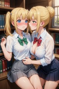 Two blonde schoolgirls in seifuku uniforms with green and red bows sitting close together on a library desk, blushing intensely with one hand gently on the other's waist, intimate and teasing expression, anime style close-up in a bookshelf background.