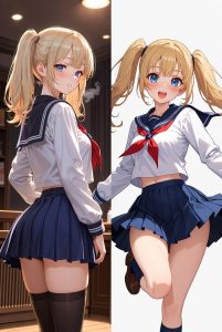 Nishida-senpai and Katayama in dark navy seifuku school uniforms standing together at night in a dimly lit room, her crop top revealing midriff, both looking flustered with steam effects, romantic and tense atmosphere, anime illustration.