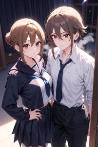 Side-by-side anime portraits of a blonde ponytail schoolgirl in sailor uniform — left view from behind showing her back and thighs in black thigh-high stockings while running, right view front-facing with excited open-mouth expression, dynamic pose emphasizing short pleated skirt and legs.