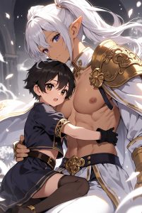 Caius Lao Bistail, the massive white-haired titan prince with a gentle smile, cradling tiny Kouichi Mizuki in his enormous palm against a bright blue sky and distant castle, anime fantasy style emphasizing dramatic size difference.