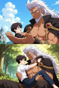 Kouichi Mizuki in his school uniform energetically pointing and talking to the towering, shirtless Caius Lao Bistail seated on ancient stone ruins, surrounded by ivy-covered arches and golden sunlight, playful size-difference moment from The Titan's Bride anime.