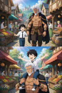 The Titan's Bride's Kouichi Mizuki blushing and clinging to Caius Lao Bistail's muscular bare chest in a close, affectionate hug, Caius smiling warmly with long silver hair flowing, set in a lush green forest with sunlight filtering through trees, romantic yaoi anime illustration.