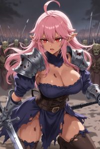 Pink-haired elf knight Leona from Juurin Oukoku, in damaged armor, gripping a broken sword on the battlefield.