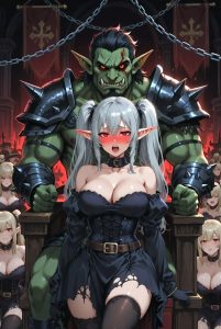 Massive Orc King triumphantly holds collared elf princess Clarisse amid ruined banners in Juurin Oukoku.
