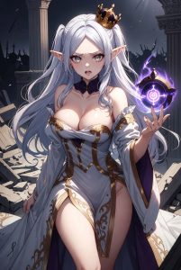 Silver-haired elf princess Clarisse from Juurin Oukoku stands defiantly in ruins, holding a glowing orb.